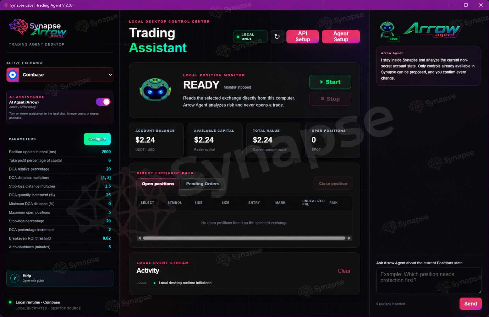 Screenshot of Synapse Labs Trading Agent Desktop